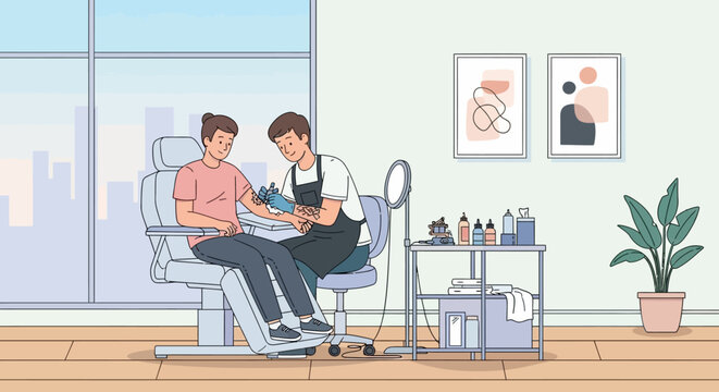 Dentist Examining Patient in Dental Chair.