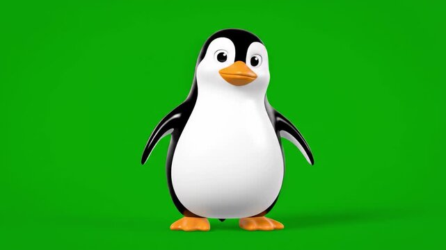 Cute animated penguin with a cheerful expression on a green screen background, suitable for tech and nature themes.