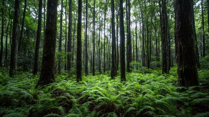 Fototapeta premium A nature landscape featuring a dense forest with towering trees and a carpet of ferns.