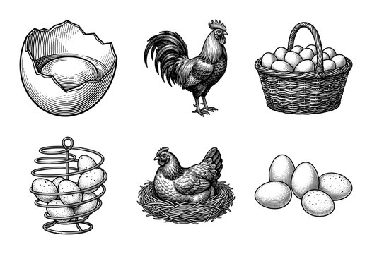 Vintage woodcut style illustration of farm poultry including roosters, hens, and various arrangements of fresh organic eggs.