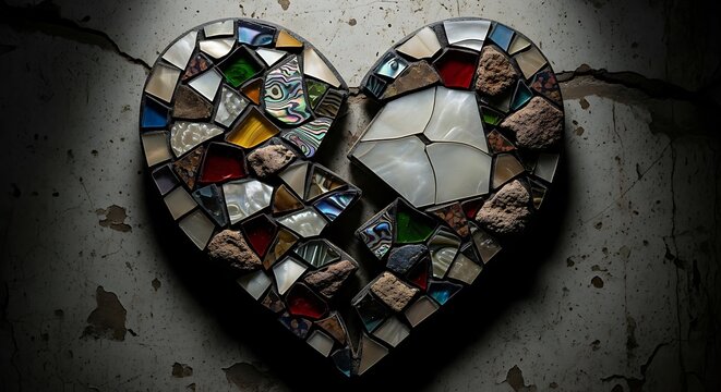 Broken heart mosaic crafted from diverse materials on cracked surface.