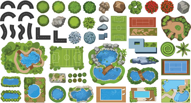 Large collection of landscape design elements including swimming pools ponds sports courts road segments trees and garden paths for architectural site plan mapping.