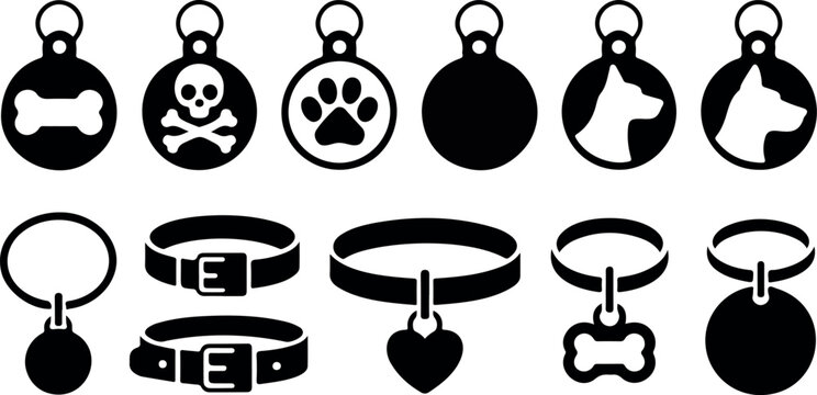 Pet Collar and Tag Vector Set with Dog Name Tags Cat ID Labels Black Silhouette Accessory Icons Clipart
