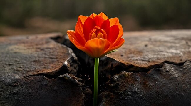 Resilient orange flower blooms in a crack in the hard ground symbolizing hope