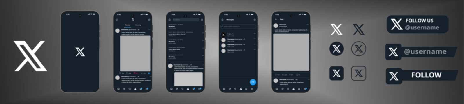 X grid size template , Post template , X social network app UI interface mockup design. Modern social media platform profile, messages, search, post layout template. Vector illustration