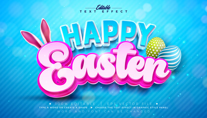 Happy Easter Text Effect Design Editable Vector Graphic Style with 3D Typography Lettering and Painted Eggs on Blue Background. Christian Religious Holiday Scalable Illustration Template for Greeting