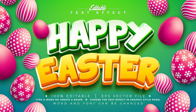 Happy Easter Text Effect Design Editable Vector Graphic Style with 3D Typography Lettering and Painted Eggs on Green Background. Christian Religious Holiday Scalable Illustration Template for Greeting