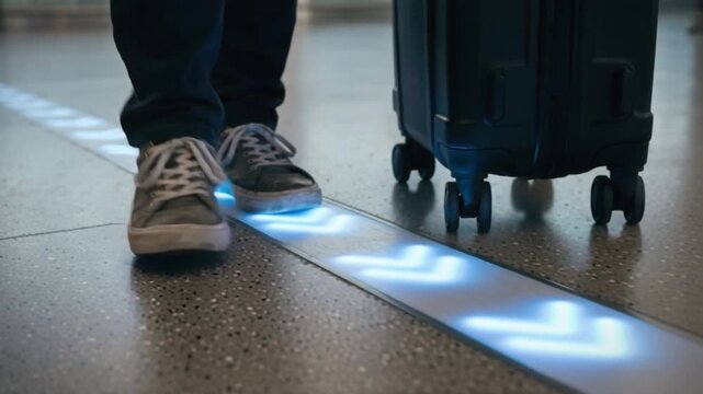 A traveler's feet, clad in shoes, walk alongside wheeled luggage on a guided route, following directional arrows and clear signs, facilitating a smooth journey through the designated navigation path