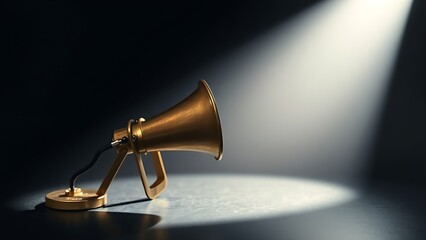 amplifier. Vintage brass megaphone isolated under dramatic spotlight, evoking a sense of nostalgia and focus. event programs.