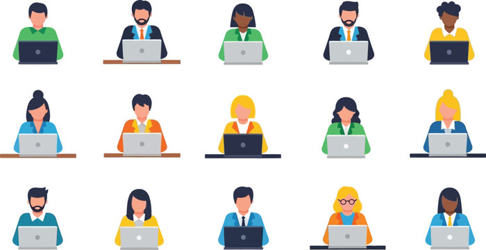 People working on laptops flat icon collection. Includes men and women with diverse appearances using silver laptops. Created in a flat, modern style with a colorful palette.