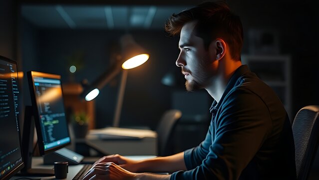 nerd. A programmer working late at night, illuminated by the warm glow of a desk lamp in a quiet office. product launch decks, UI/UX mockups, designed for product launches and innovation pitches.
