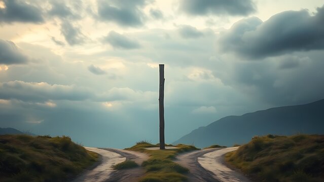 destiny. Conceptual crossroads splitting two ways, symbolizing choice and decision in an atmospheric landscape. wellbeing guides.