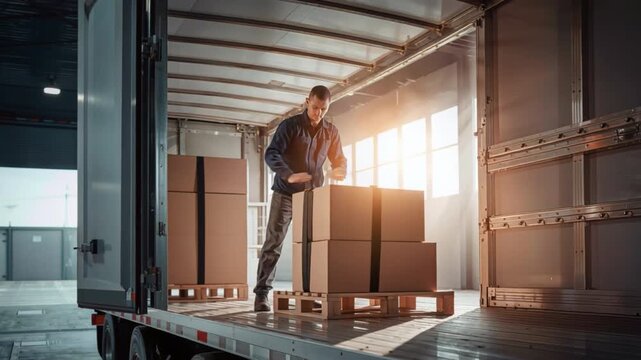 A truck driver inside a brightly lit warehouse secures cargo comprising cardboard boxes using straps within the semi-trailer, preparing it for shipping and ensuring safe transportation