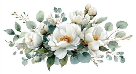 Obraz premium Soft Watercolor White Peony-like Flowers and Eucalyptus Leaves. Elegant Botanical Arrangement.