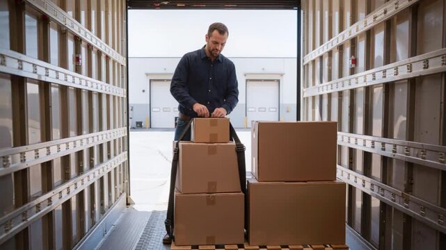 A truck driver secures palletized cardboard boxes with straps inside a semi-trailer, preparing cargo for shipping as daylight illuminates the warehouse surroundings