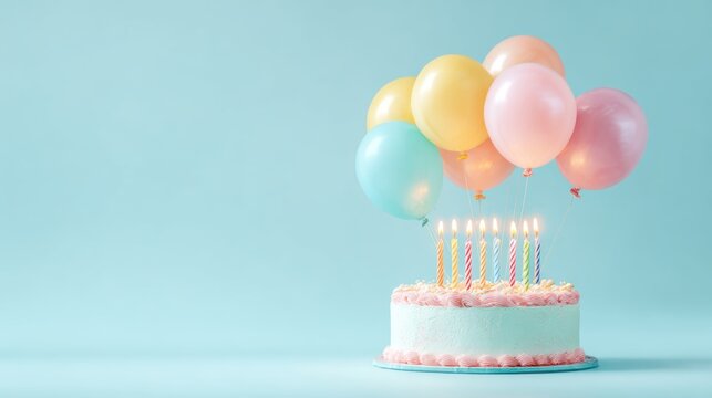 Birthday celebration theme for party event. A pastelcolored birthday cake adorned with lit candles and balloons against a blue background.