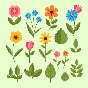 Colorful Flat Flowers and Leaves Illustration, Spring Garden Elements