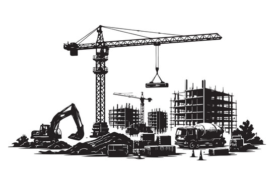 Construction Site with Crane Silhouette, Vector Illustration, Isolated on White Background