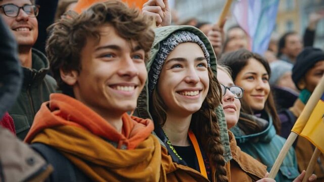 A vibrant assembly of young environmental activists gathers, united in determination, at a climate change rally, showcasing diverse voices and hopeful messages through colorful banners
