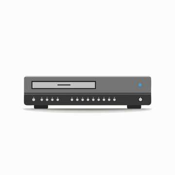 Illustration of a classic DVD player with multiple buttons and a blue power indicator for home entertainment systems