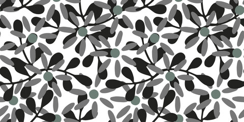 Fototapeta premium Seamless floral pattern with simplified daisies on a white background. Ideal for fabrics, wallpaper, packaging, and background illustrations, eco-friendly palette.