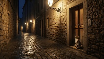 Naklejka premium Cobblestone Alleyway Illuminated by Warm Streetlights at Dusk.