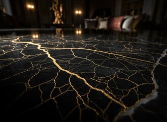 Close Up Of A Dark Marble Table With Golden Kintsugi Repair Showing Intricate Cracked Patterns In A Luxurious Room With Soft Lighting