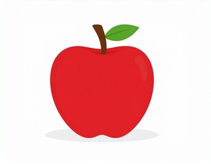 A vibrant red apple with a green leaf on a white background