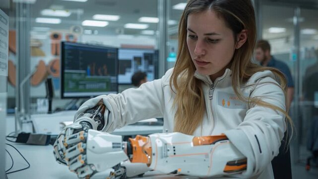 A woman, an innovative researcher, engages with an advanced robotic arm in a state-of-the-art laboratory, exploring its engineering and technological capabilities