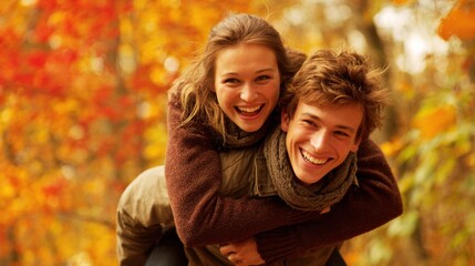 Fototapeta premium Lovely couple romantic moment. A man carrying a woman on his back in an autumn park. The trees are adorned with vibrant red, orange, and yellow leaves, and the background is slightly blurred.