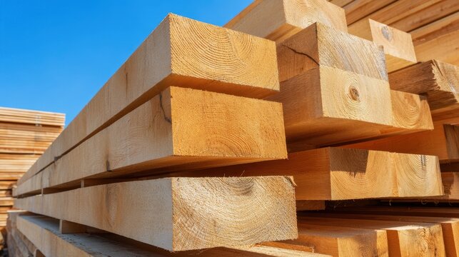The lumber stack of freshly cut pine planks under a clear blue sky