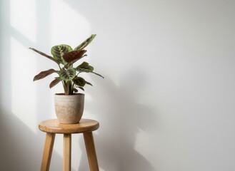 A Calathea Plant in a Textured Pot Sits on a Wooden Stool with Natural Light Streaming In Creating Shadows on a White Wall
