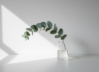 Eucalyptus Branch in Glass Vase with Natural Light and Shadow Play on White Background