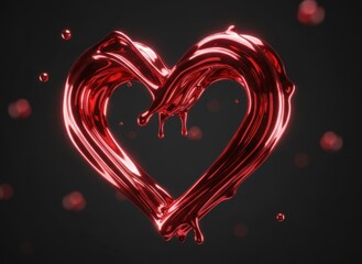 Glossy Red Liquid Heart Shape With Dripping Effect Against Dark Background With Bokeh Lights