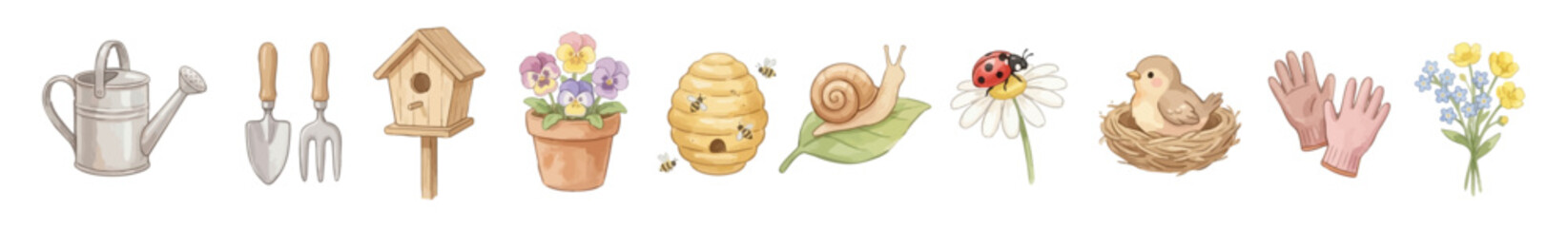 Cute watercolor garden elements with beehive and bees, bird nest, ladybug daisy, snail, pansy pot, birdhouse, watering can, gloves and tools. Vector illustrations. Perfect for invitation, card, poster © maria