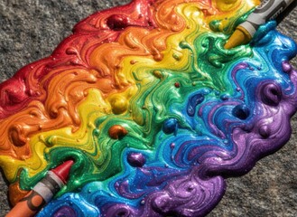 Vibrant Rainbow Glitter Paint with Crayons Melts Across Textured Surface in Close Up Macro View