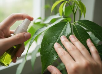 Close-up of a person's hands gently spraying water mist onto lush green plant leaves near a window with soft natural light highlighting water droplets for plant care and indoor gardening