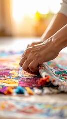Close Up Of Hands Rolling Colorful Woven Rug With Intricate Patterns And Tassels In Soft Warm Sunlight Indoors