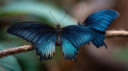 A pair of blue butterflies perched together on a branch, their wings open wide showing the stunning shades of blue and black.