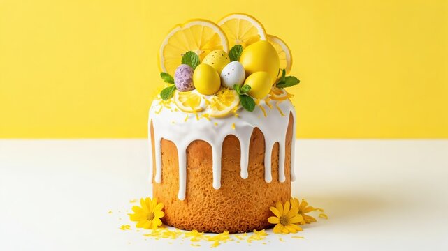 Lemon Easter Kulich Cake with White Glaze Citrus Slices and Speckled Eggs for Spring Celebration