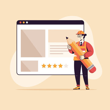 Engineer with Giant Pencil Reviews Website Design on Computer Screen