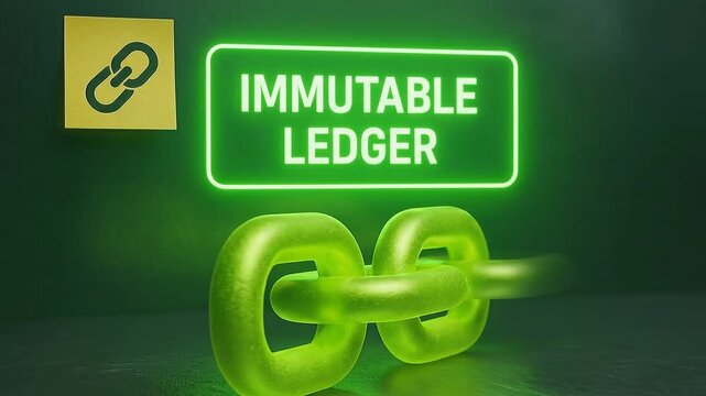 Immutable ledger concept featuring glowing green chain link and neon text sign, symbolizing secure digital record, unchangeable blockchain technology, and data integrity in finance