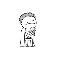 Obraz premium Sad superhero man holding bouquet on white background frowning unhappy flowers