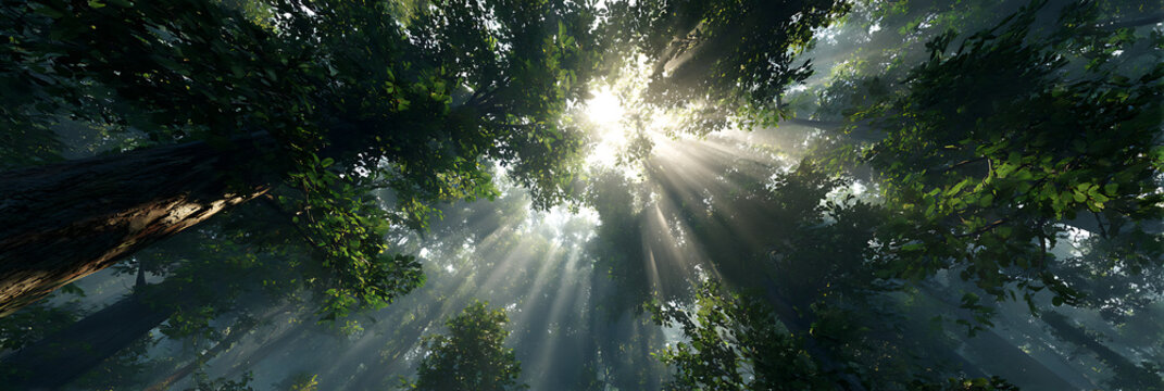 Majestic sunbeams filter through the lush green canopy of an ancient redwood forest, a breathtaking worm's-eye view of nature's towering cathedral.