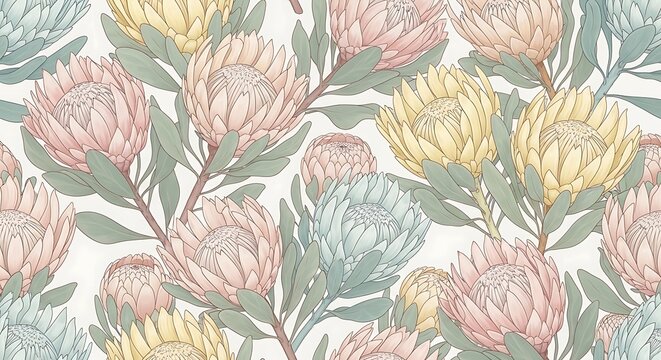 Pastel king protea flowers bloom across a gentle, patterned background.