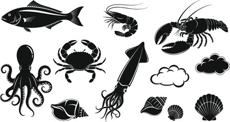 Marine seafood silhouettes set fish crab lobster shrimp octopus squid shells black vector illustration ocean collection isolated © Rabbi creatives