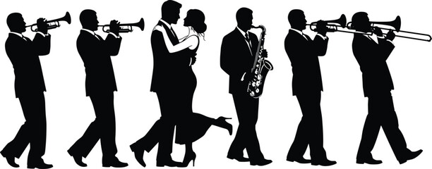 Jazz musicians band silhouettes with dancing couple trumpet saxophone trombone players black vector illustration isolated background © MdSoidur