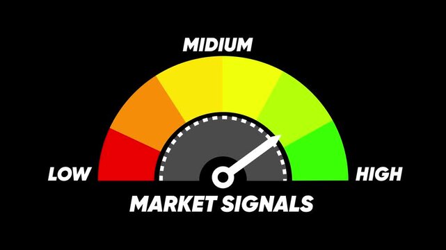 Market Signals Gauge with Needle in the Medium Range on Black Background meter speedometer