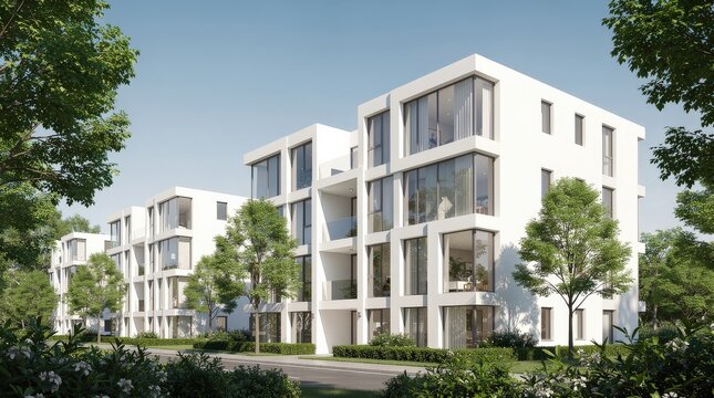 Modern white apartment buildings with large windows surrounded by greenery under a clear blue sky.