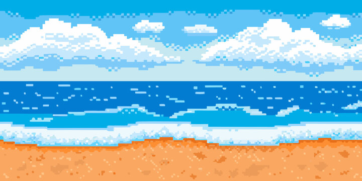 Pixelated landscape showing a beach with ocean sand and sky